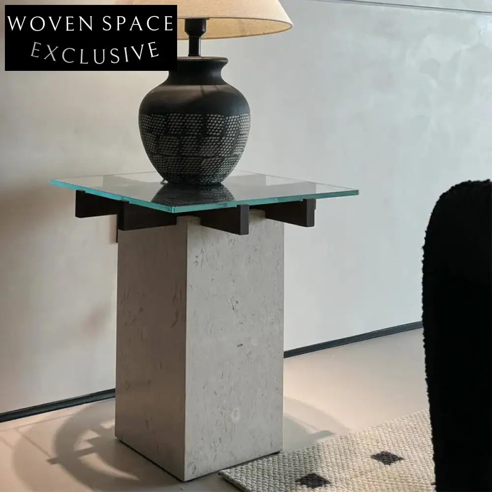 Modern Travertine Stone Coffee Table with Glass Top, Round Design