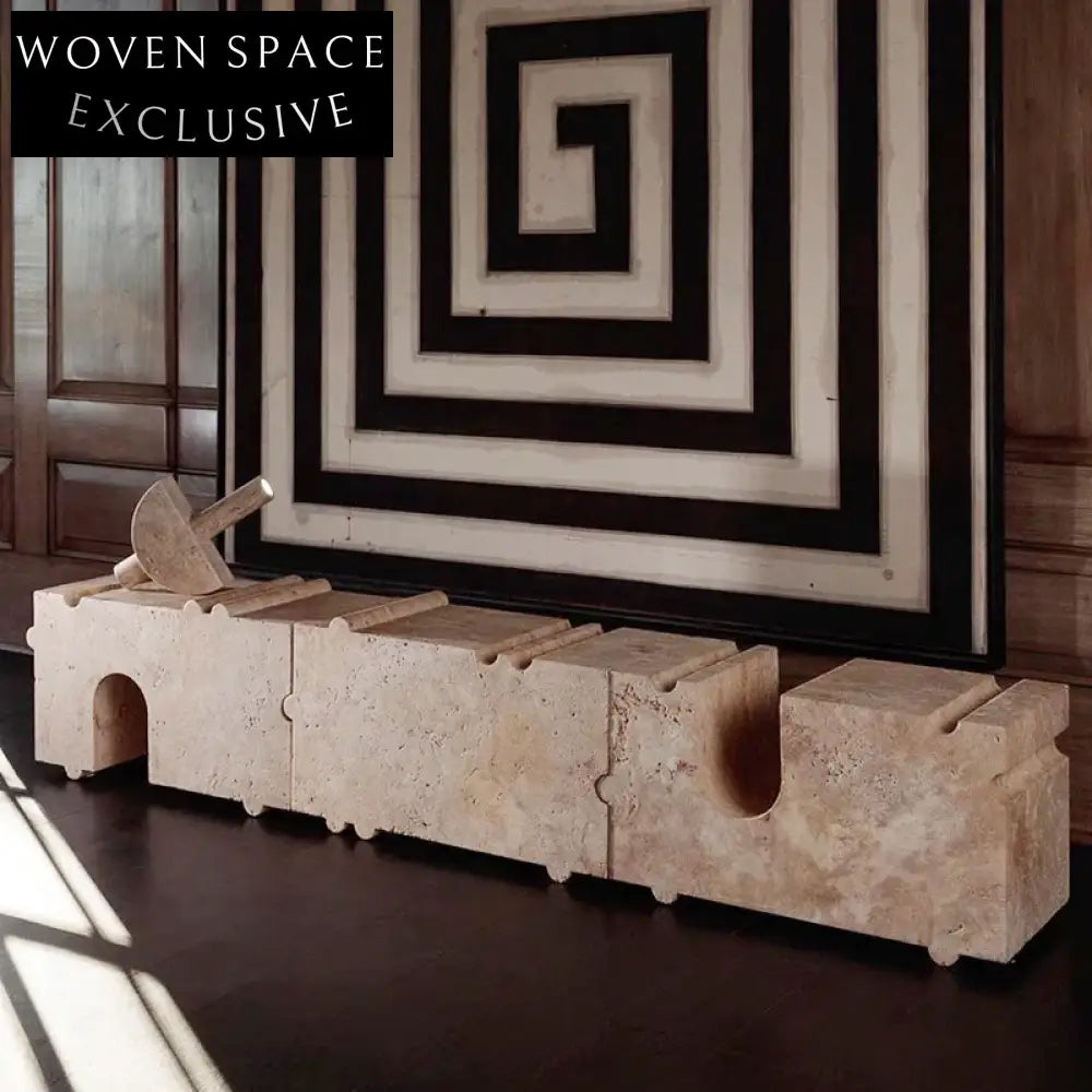 Modern Travertine Stone Long Ottoman Stool, Multi-Functional Bench & Side Table