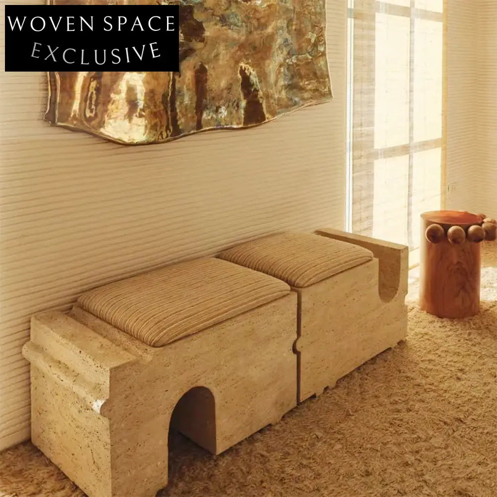 Modern Travertine Stone Long Ottoman Stool, Multi-Functional Bench & Side Table