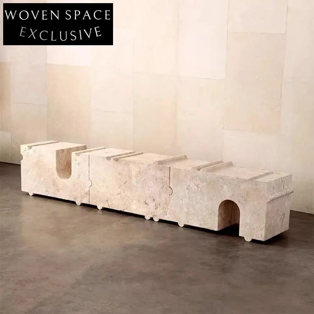 Modern Travertine Stone Long Ottoman Stool, Multi-Functional Bench & Side Table