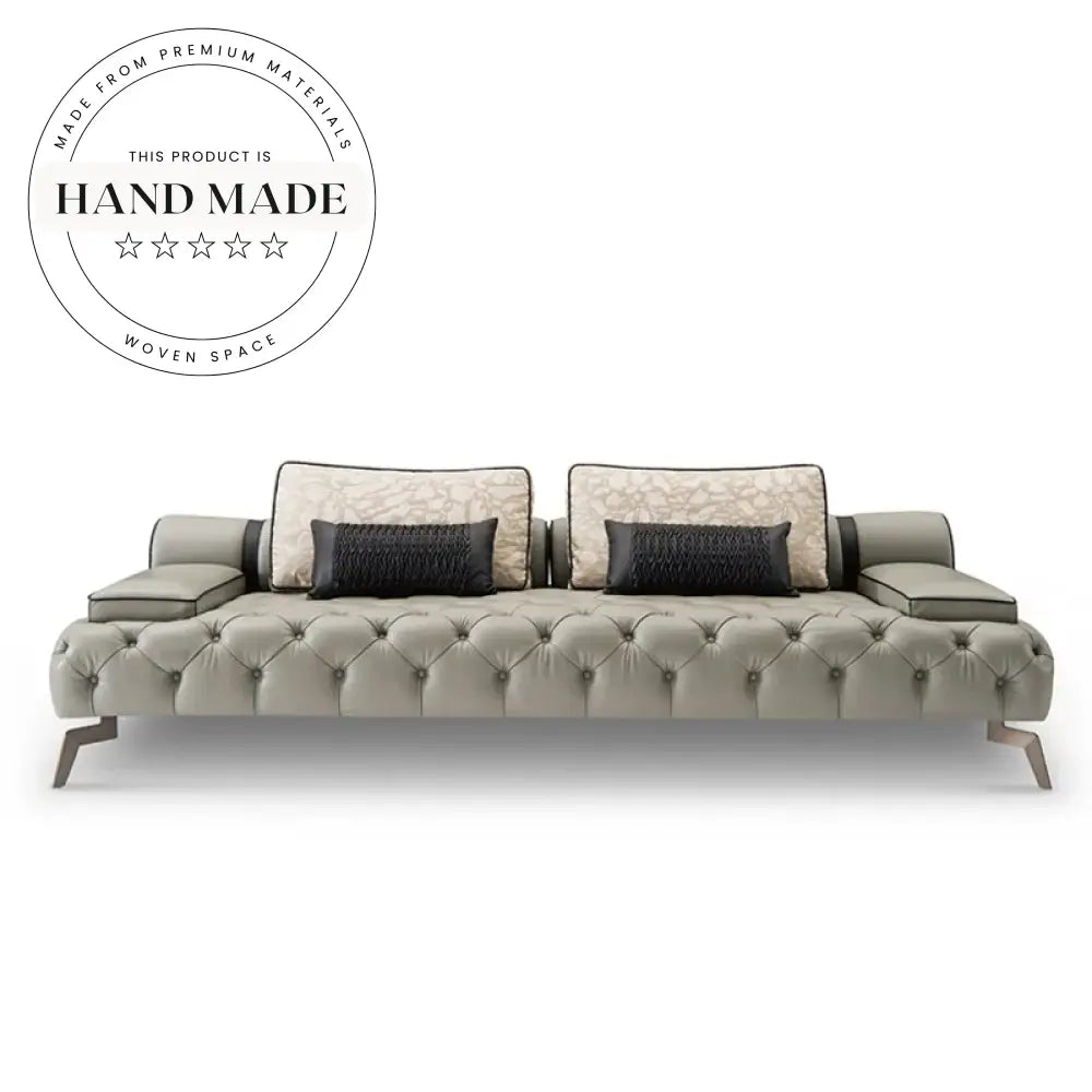 Modern Tufted Genuine Leather Living Room Sofa with Gold Legs Sofa