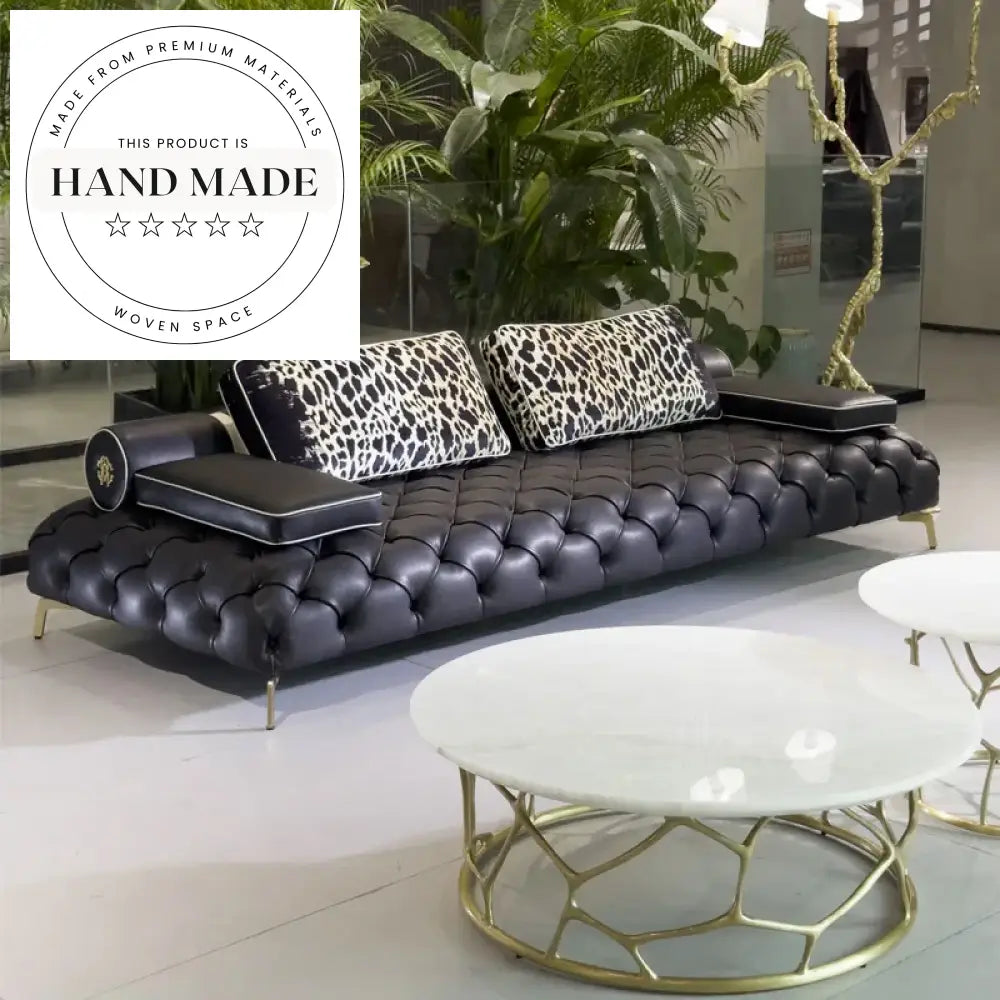 Modern Tufted Genuine Leather Living Room Sofa with Gold Legs Sofa