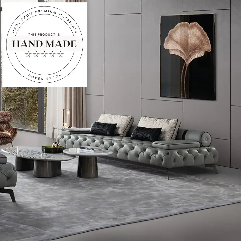 Modern Tufted Genuine Leather Living Room Sofa with Gold Legs Sofa