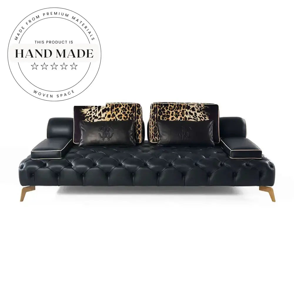 Modern Tufted Genuine Leather Living Room Sofa with Gold Legs Sofa