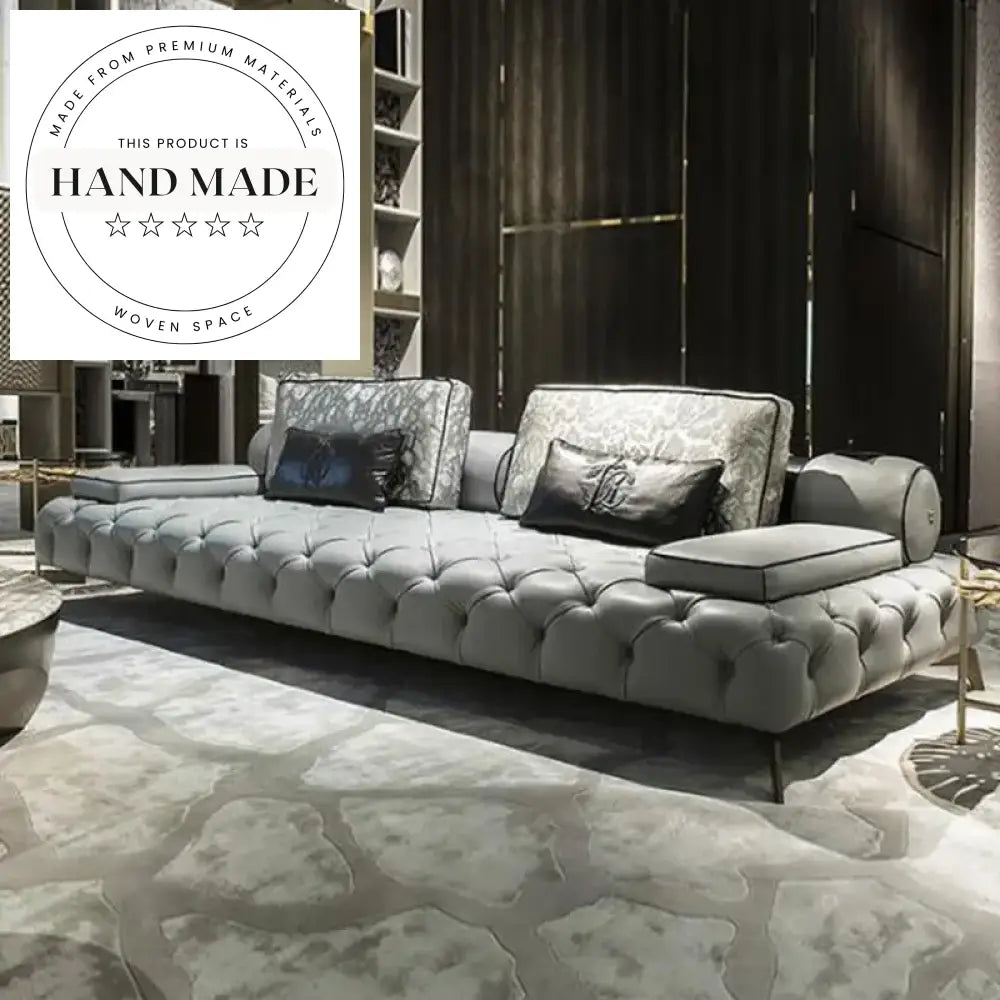Modern Tufted Genuine Leather Living Room Sofa with Gold Legs Sofa