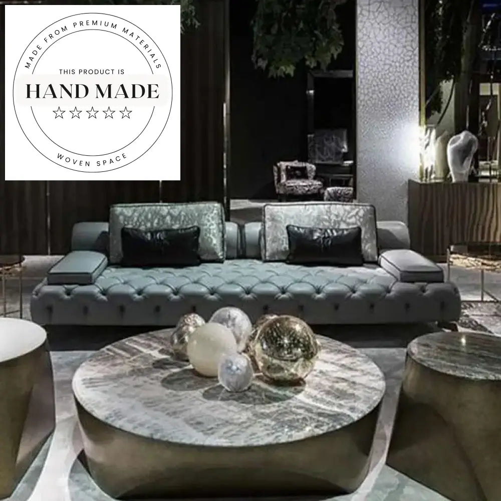 Modern Tufted Genuine Leather Living Room Sofa with Gold Legs Sofa
