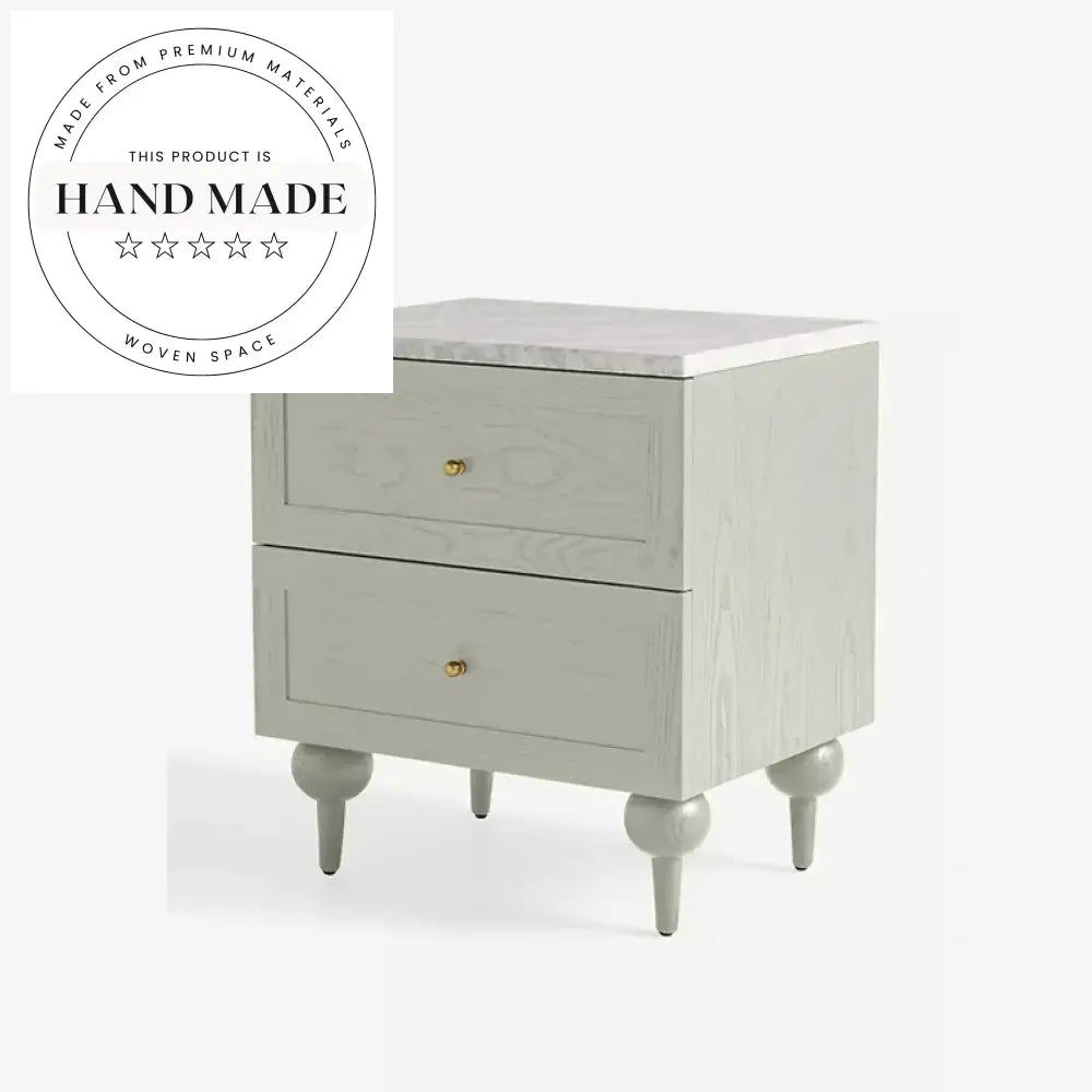 Modern Two Drawer Nightstand with White Marble Top Bedside Table