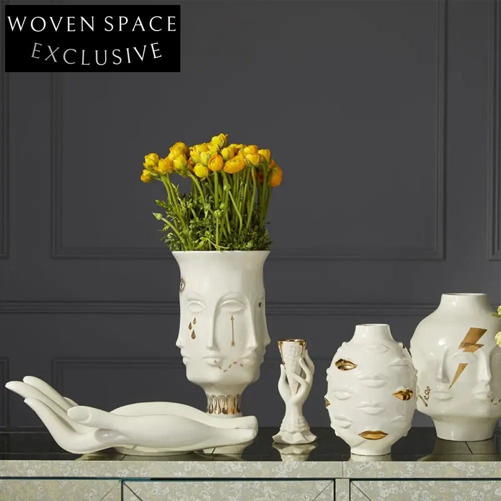 Modern Unique Face Lip Relief Art Decor Ceramic Table Vase for Flowers