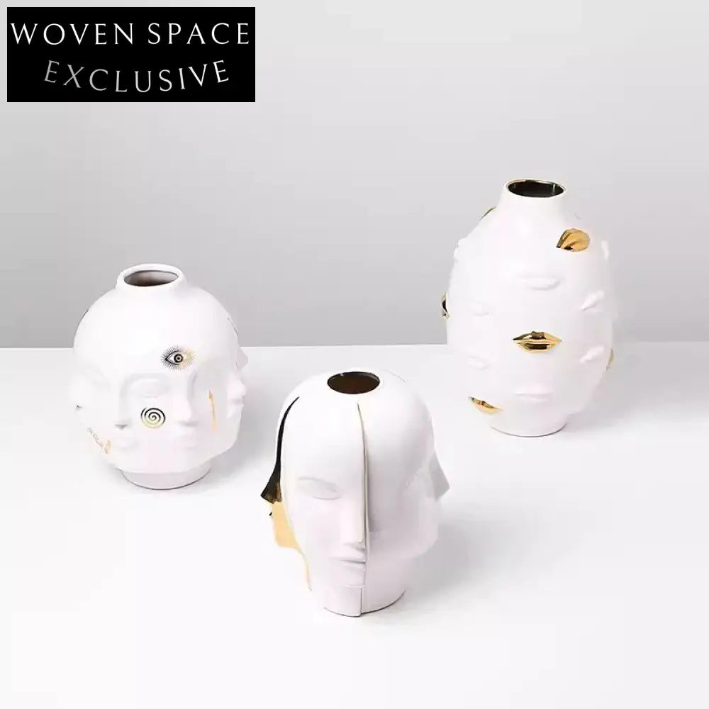 Modern Unique Face Lip Relief Art Decor Ceramic Table Vase for Flowers