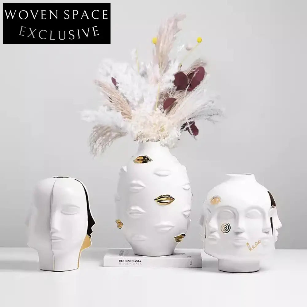 Modern Unique Face Lip Relief Art Decor Ceramic Table Vase for Flowers