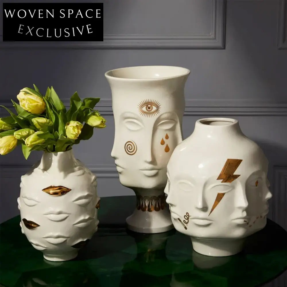 Modern Unique Face Lip Relief Art Decor Ceramic Table Vase for Flowers
