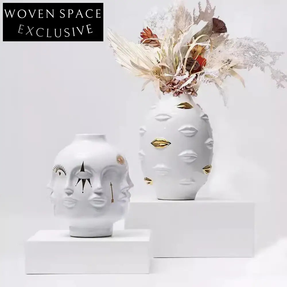 Modern Unique Face Lip Relief Art Decor Ceramic Table Vase for Flowers