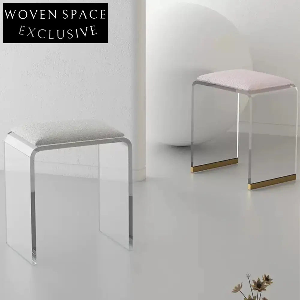 Modern Upholstered Acrylic Stool Ottoman Bench with Metal Legs for Living Room