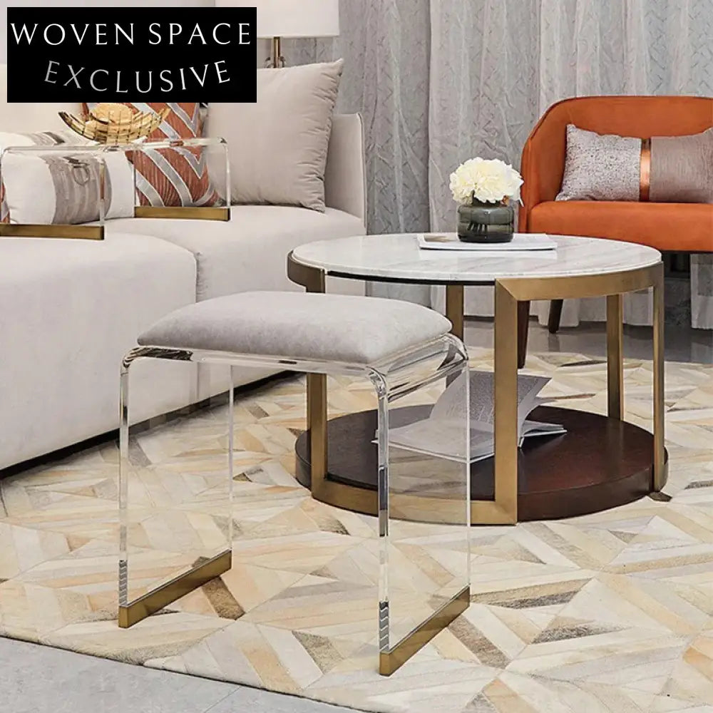 Modern Upholstered Acrylic Stool Ottoman Bench with Metal Legs for Living Room