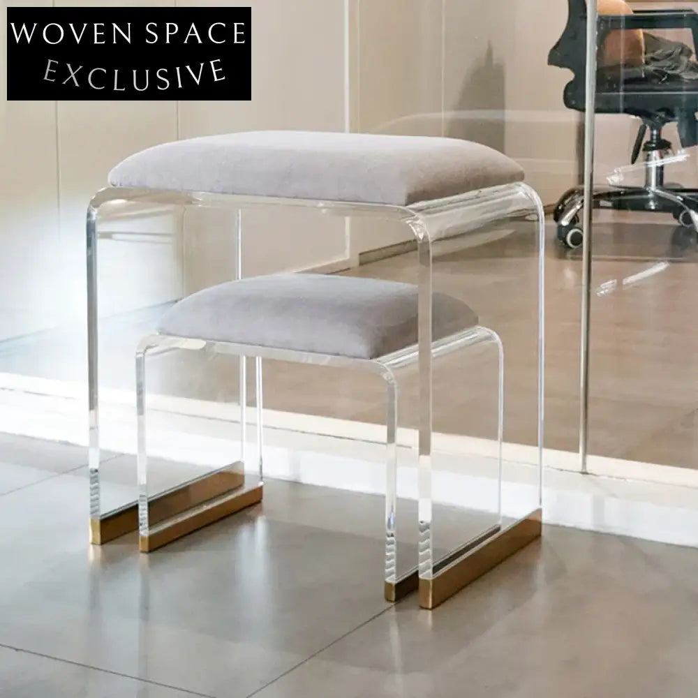 Modern Upholstered Acrylic Stool Ottoman Bench with Metal Legs for Living Room