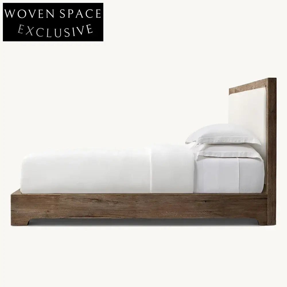 Modern Upholstered Bed Frame, Tall Headboard, Solid Ash Wood Base