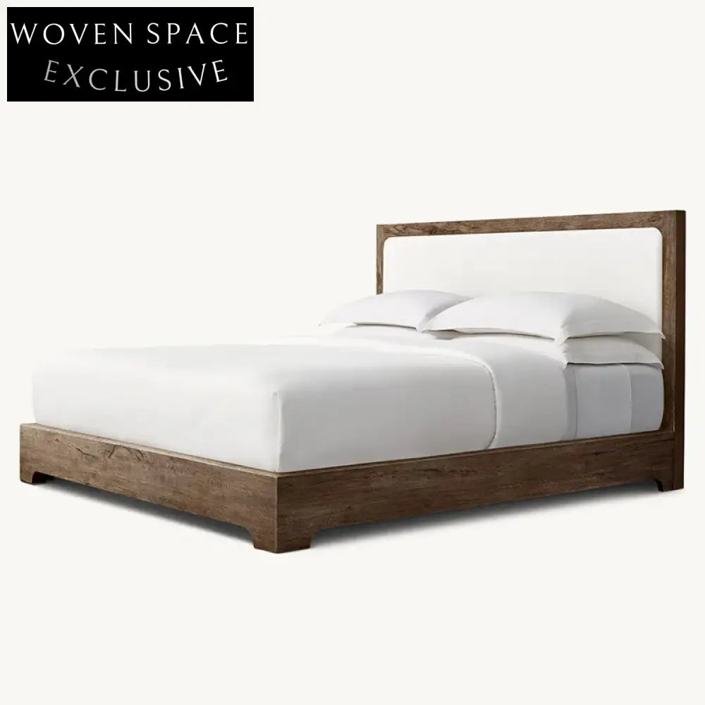 Modern Upholstered Bed Frame, Tall Headboard, Solid Ash Wood Base