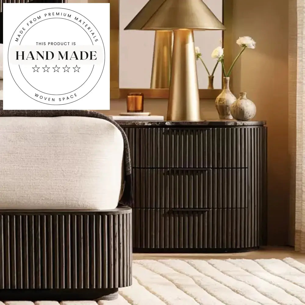 Modern Vintage 3 Drawer Oak Wood Marble Top Bedside Table