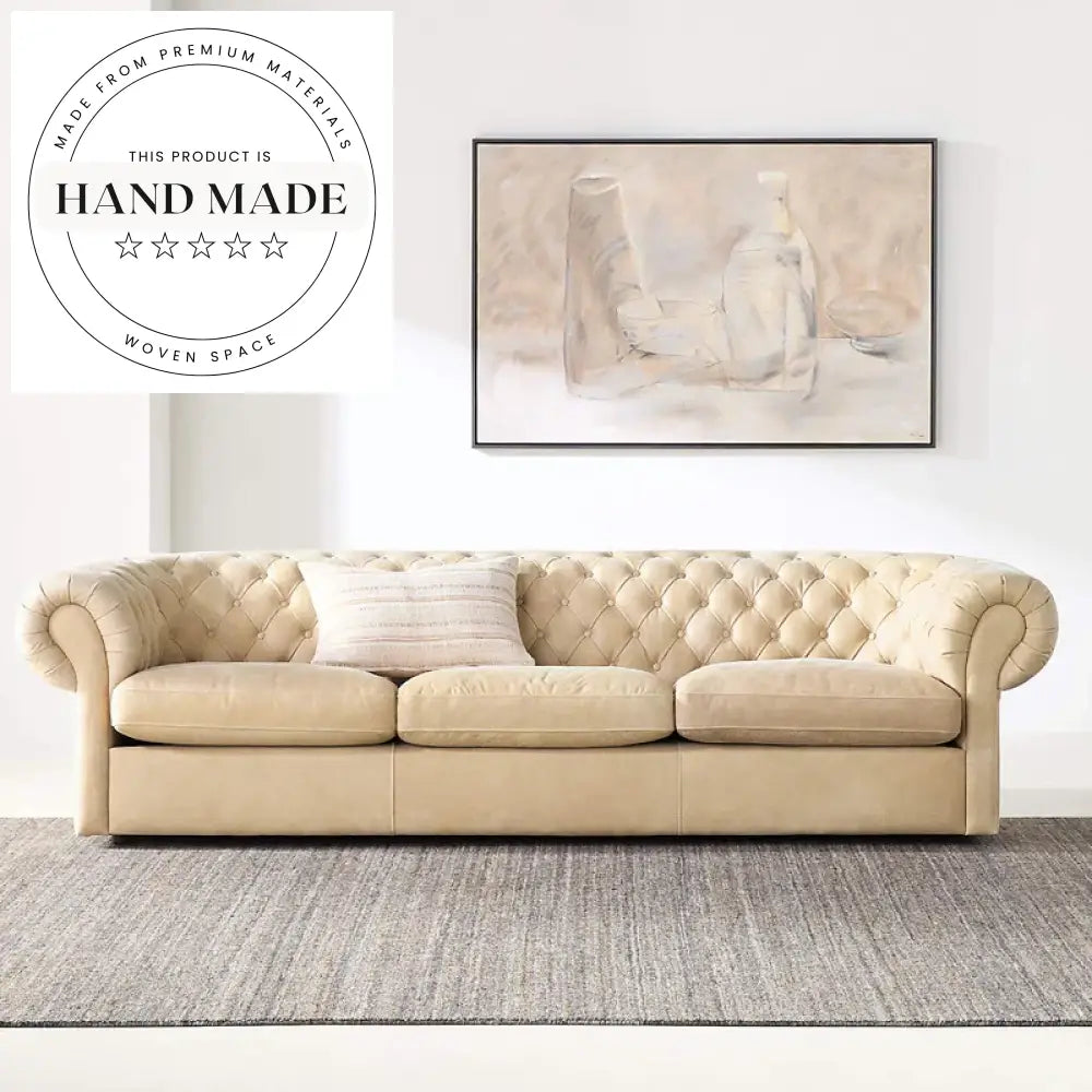 Modern Vintage Genuine Leather Tufted Three Seater Chesterfield Sofa