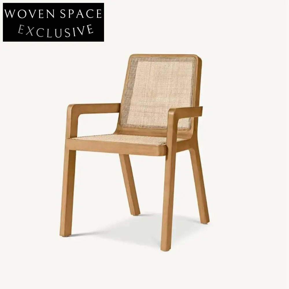 Modern Vintage High Backrest Woven Rattan Solid Wood Armchair Dining Chair
