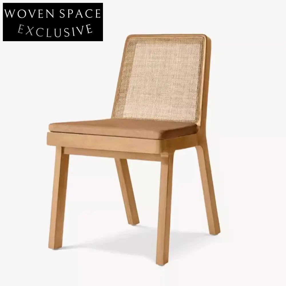 Modern Vintage High Backrest Woven Rattan Solid Wood Armchair Dining Chair
