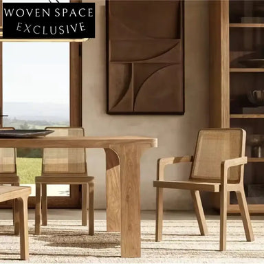 Modern Vintage High Backrest Woven Rattan Solid Wood Armchair Dining Chair