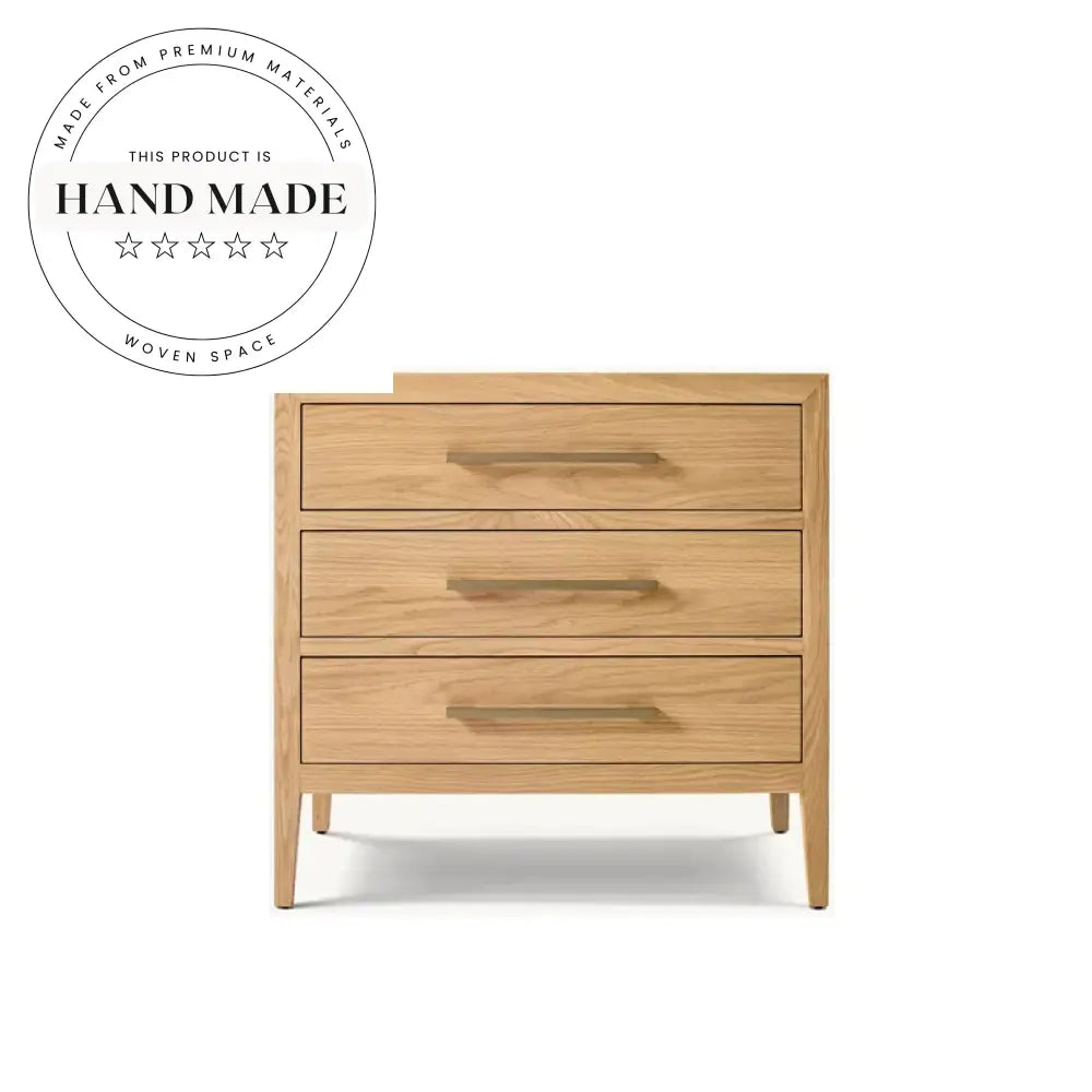 Modern Vintage Natural Oak Wood Three Drawer Bedroom Bedside Table