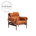 Modern Vintage Solid Wood Recliner Lounge Chair Chestnut Leather Upholstery