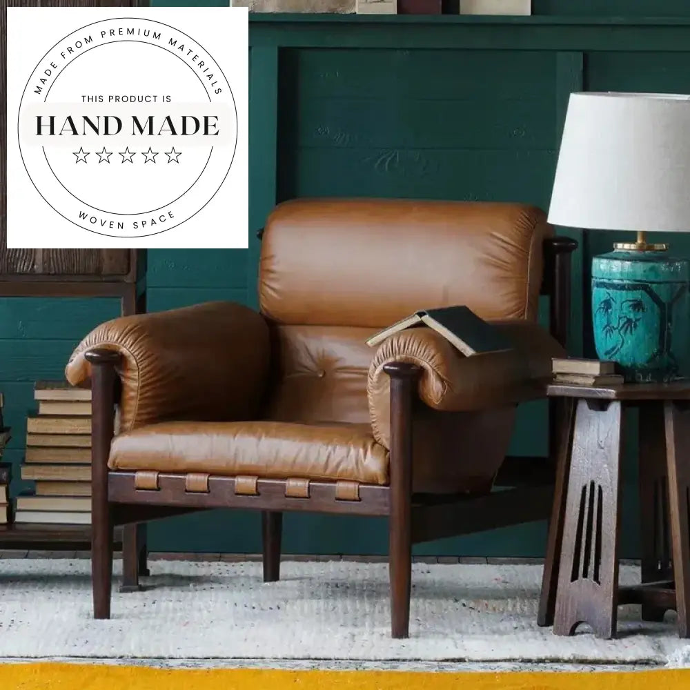 Modern Vintage Solid Wood Recliner Lounge Chair Chestnut Leather Upholstery