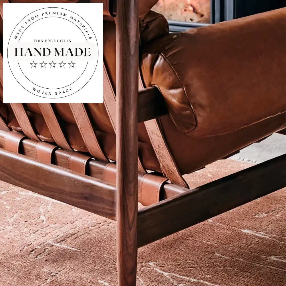 Modern Vintage Solid Wood Recliner Lounge Chair Chestnut Leather Upholstery