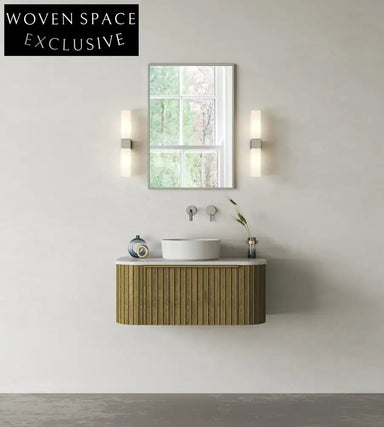 Modern Wall-Hung Bathroom Vanity with Ceramic Sink & Quartz Top, Wood Finish