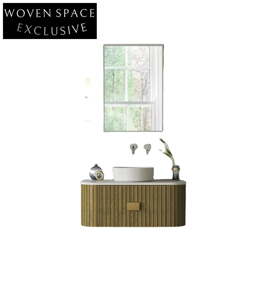 Modern Wall-Hung Bathroom Vanity with Ceramic Sink & Quartz Top, Wood Finish