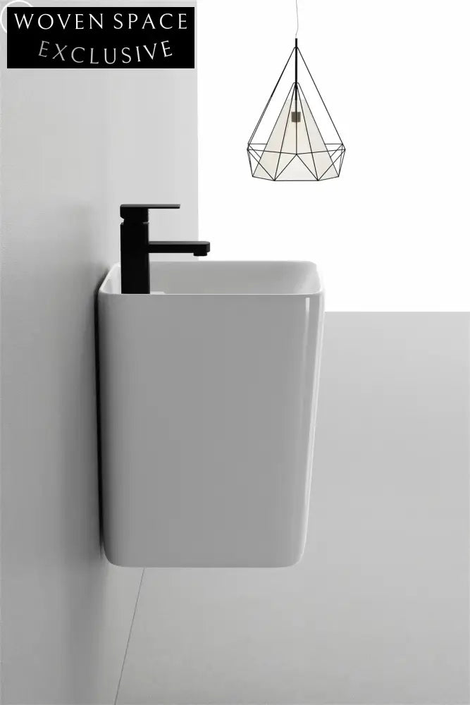 Modern Wall-Hung Rectangular White Ceramic Bathroom Sink Washbasin One-Piece Design