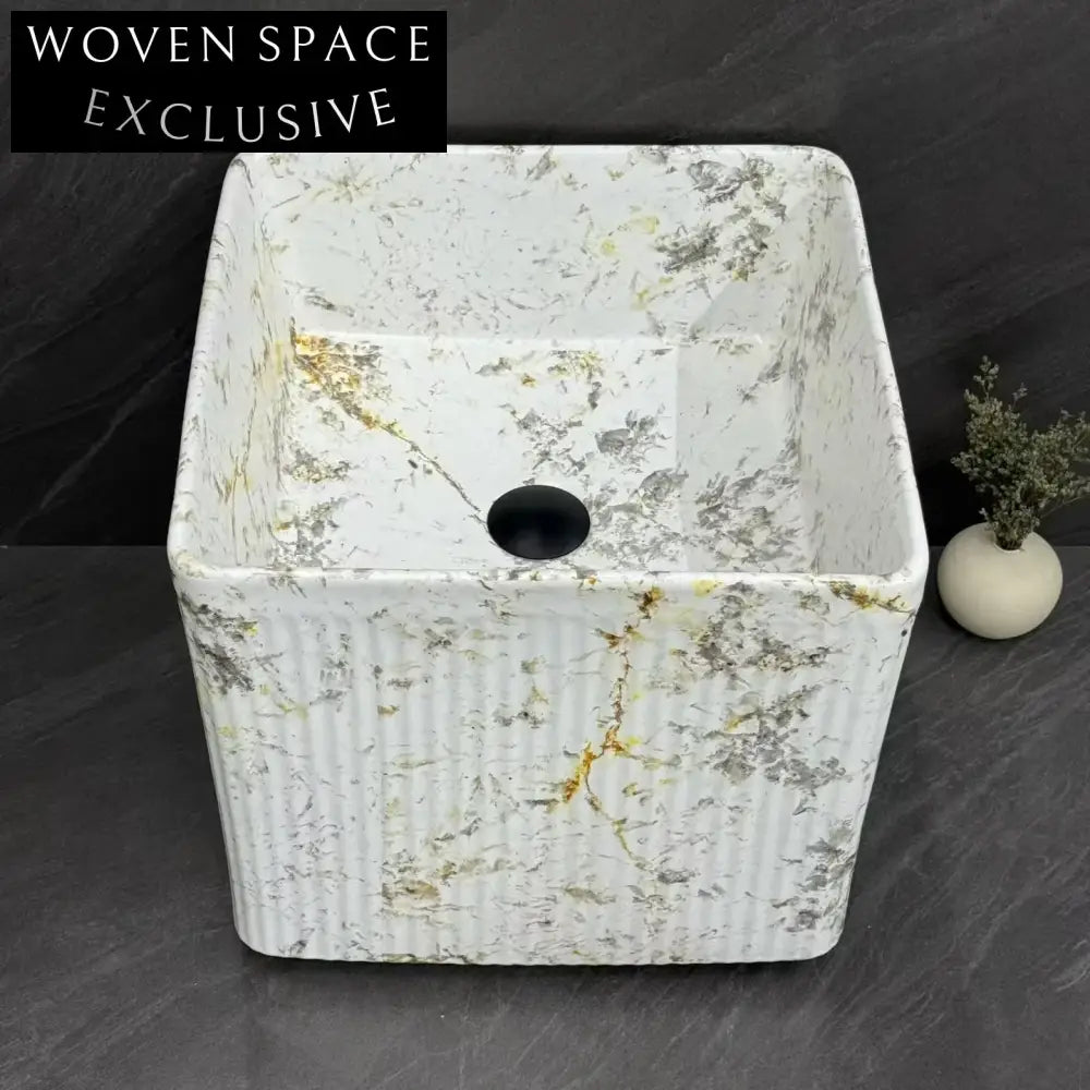 Modern Wall Mounted Marble Effect Ceramic Space-Saving Bathroom Sink Basin