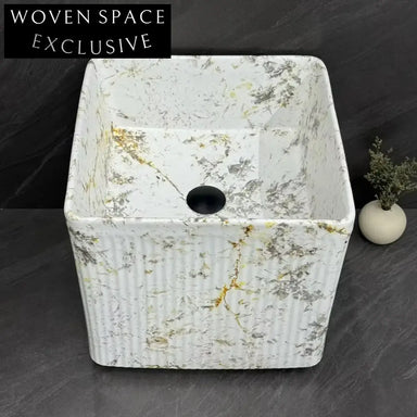 Modern Wall Mounted Marble Effect Ceramic Space-Saving Bathroom Sink Basin