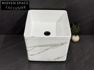 Modern Wall Mounted Marble Effect Ceramic Space-Saving Bathroom Sink Basin