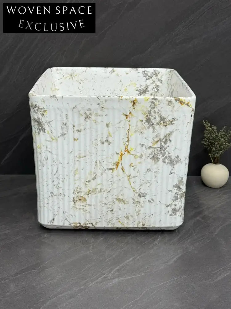Modern Wall Mounted Marble Effect Ceramic Space-Saving Bathroom Sink Basin