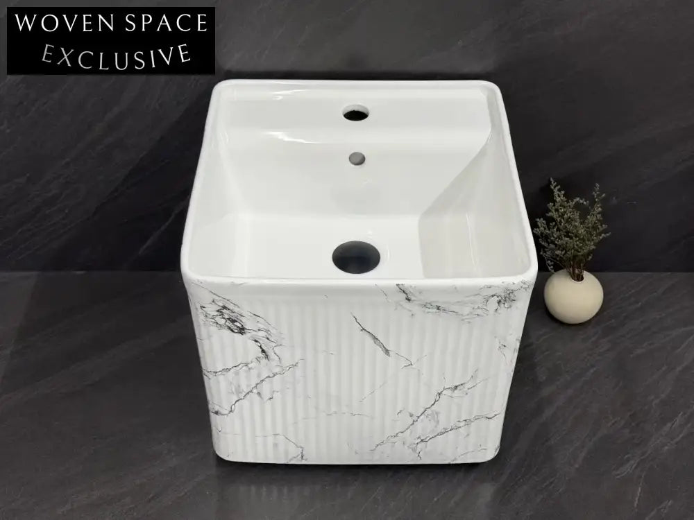 Modern Wall Mounted Marble Effect Ceramic Space-Saving Bathroom Sink Basin