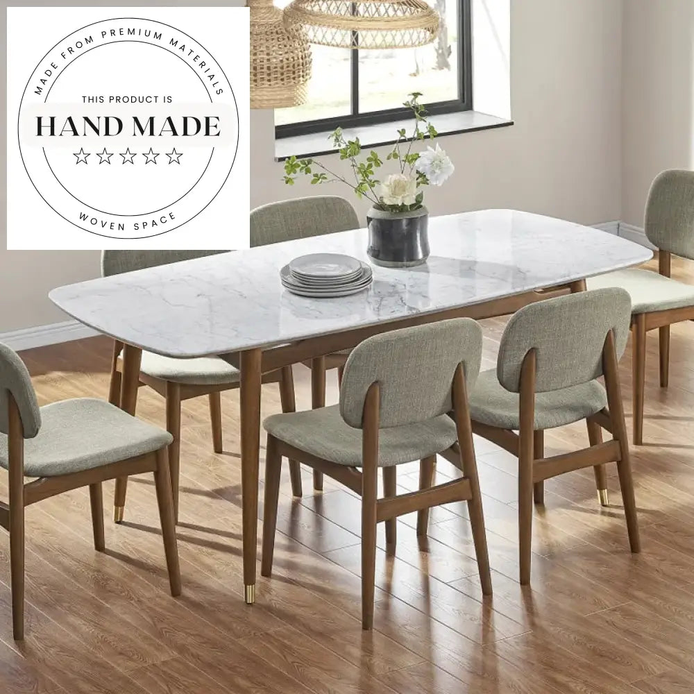 Modern Walnut Rectangle Natural Marble Top Solid Wood Dining Table