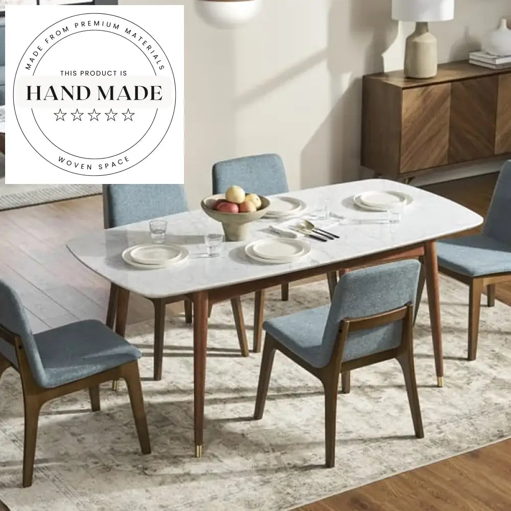 Modern Walnut Rectangle Natural Marble Top Solid Wood Dining Table