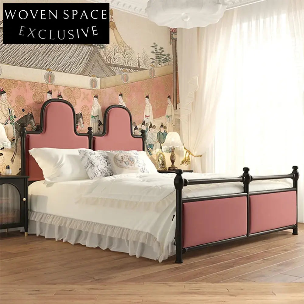 Modern Wavy Upholstered King Bed Frame - Pink Fabric & Wood Design