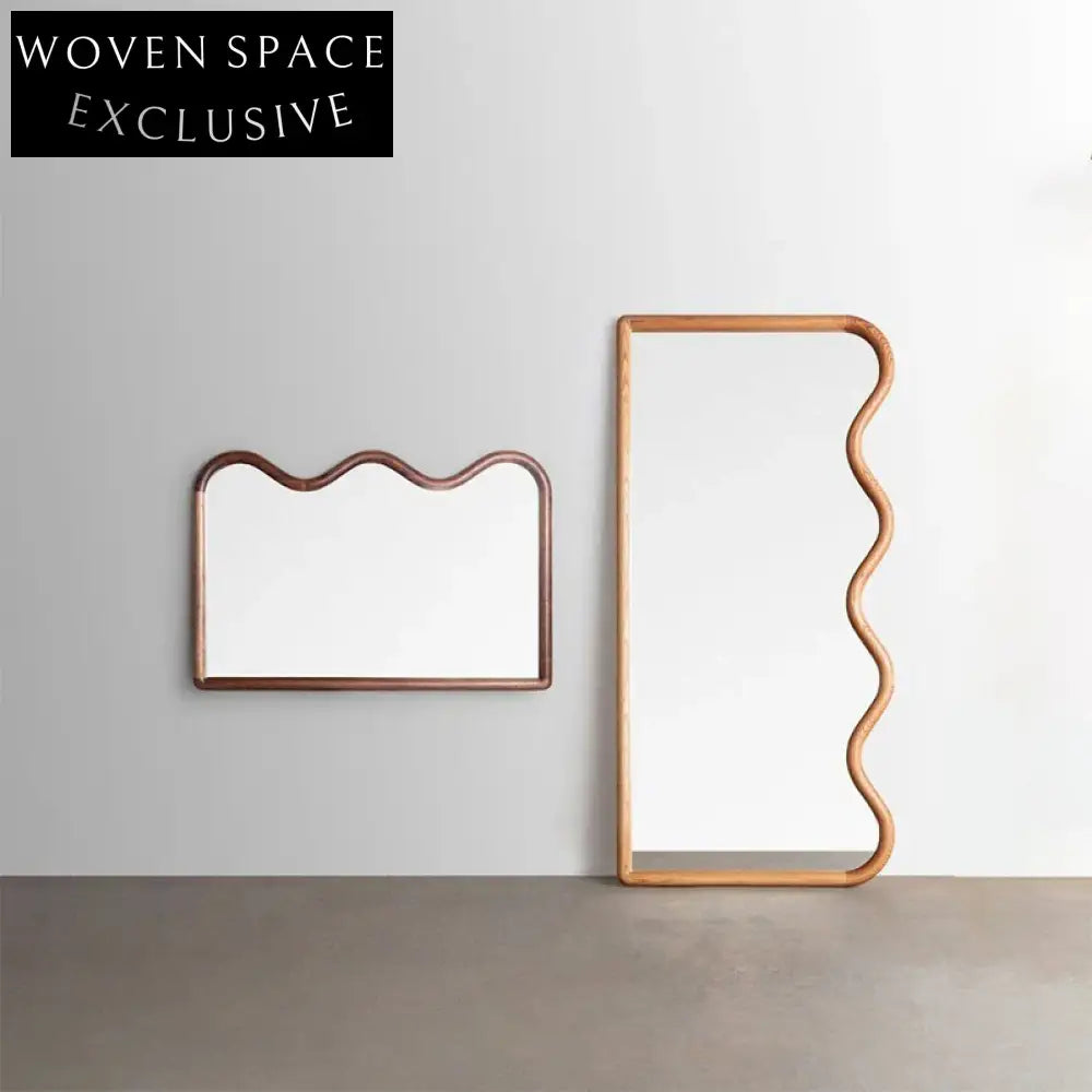 Modern Wavy Wood Frame Full Length Floor Mirror for Living Room Bedroom
