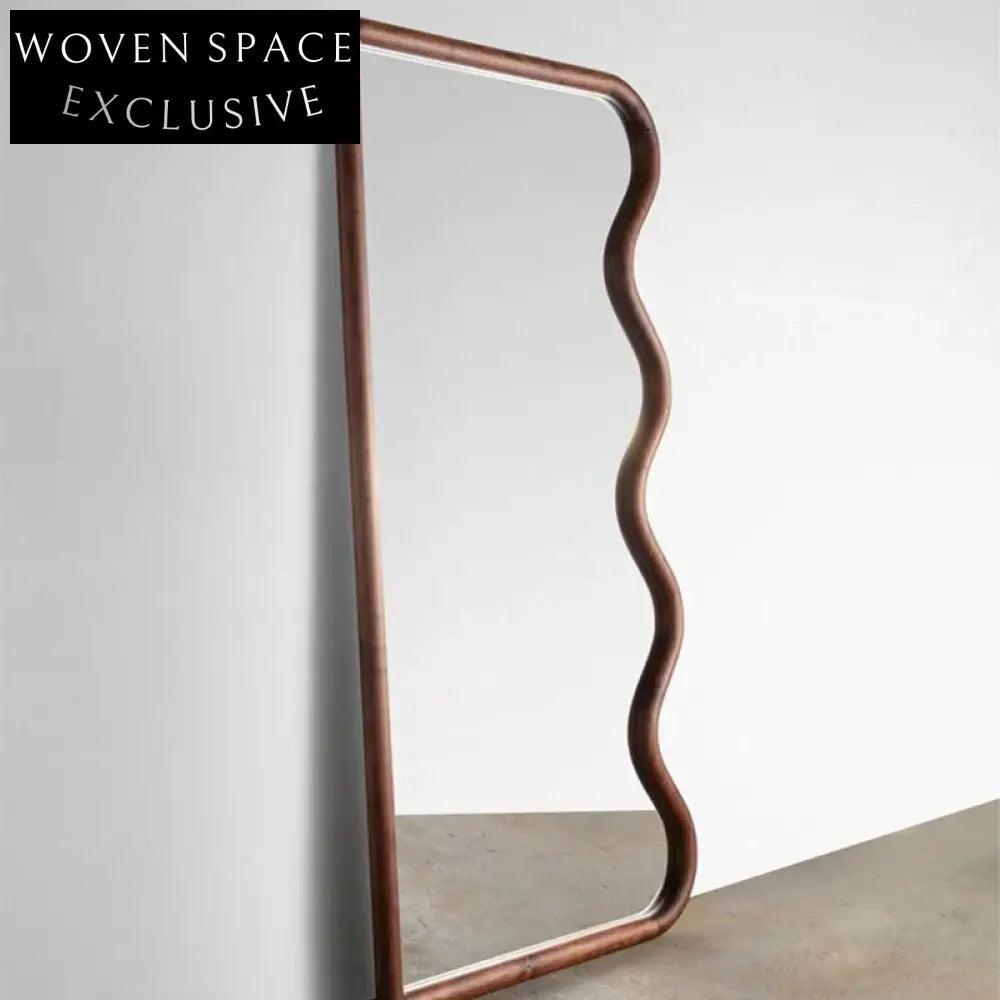 Modern Wavy Wood Frame Full Length Floor Mirror for Living Room Bedroom
