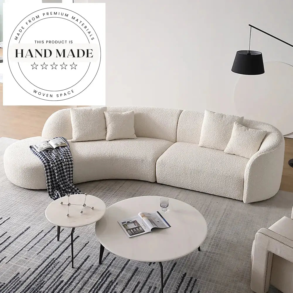Modern White Boucle Fabric Curved L-Shape Sectional Living Room Sofa