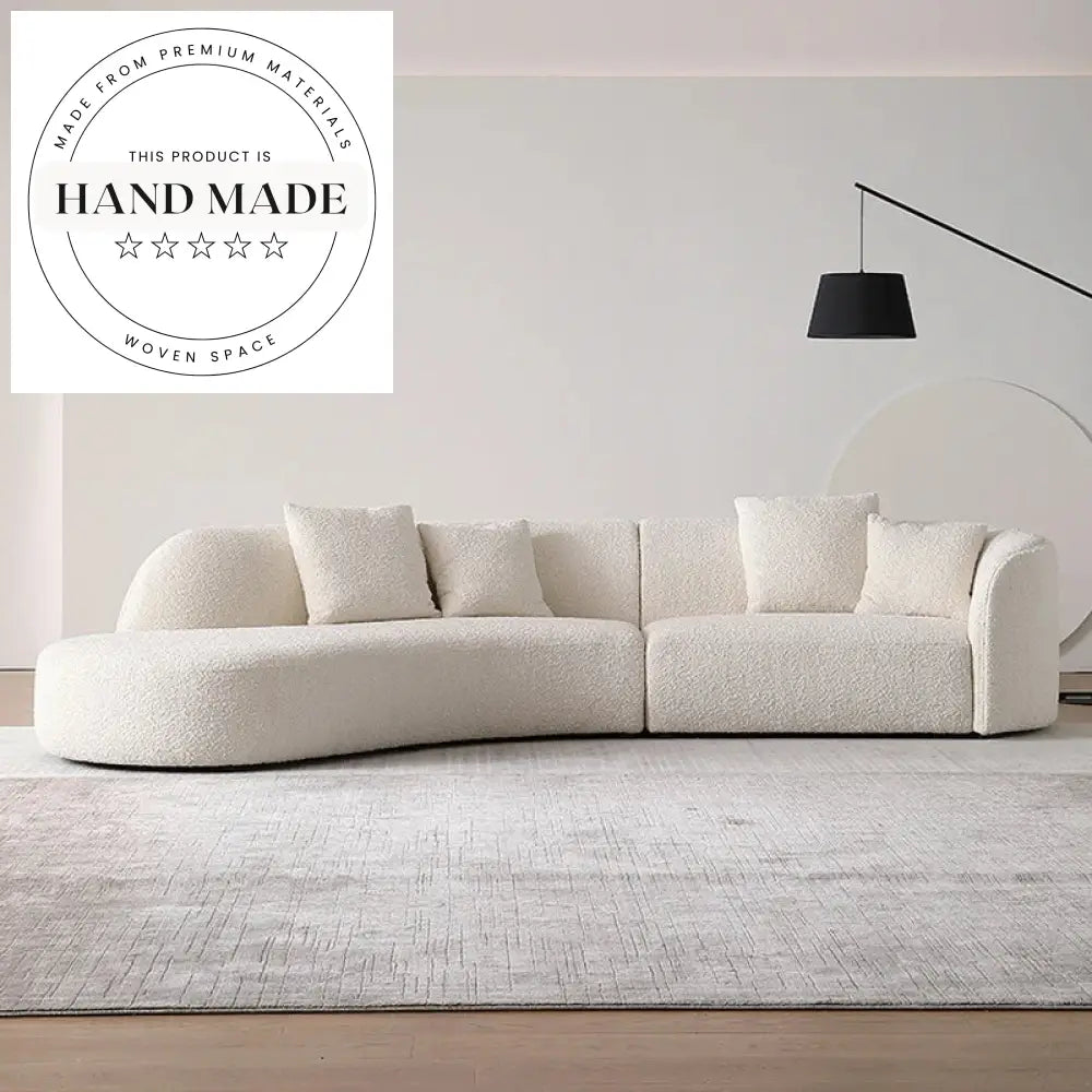 Modern White Boucle Fabric Curved L-Shape Sectional Living Room Sofa