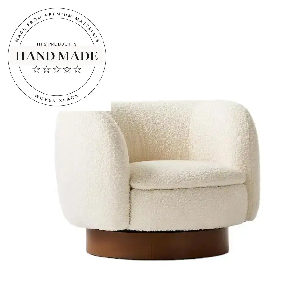 Modern White Boucle Fabric Swivel Accent Chair with Solid Wood Base