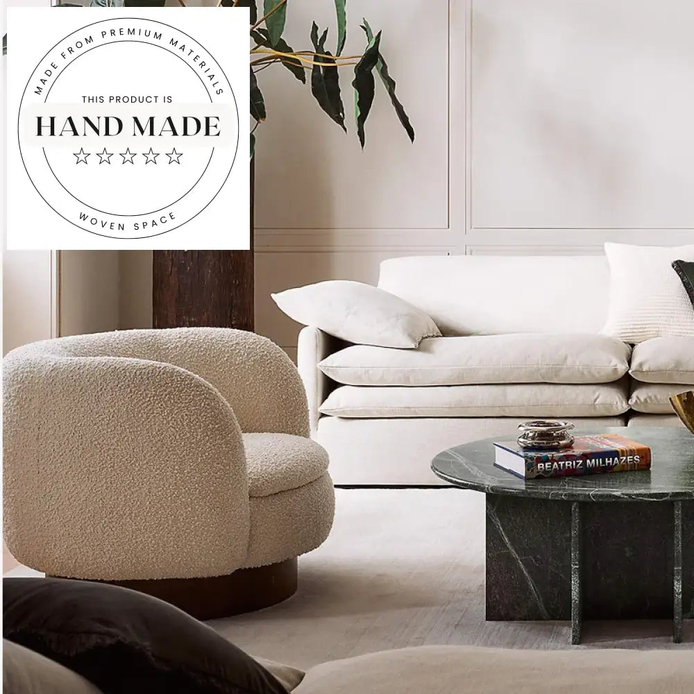 Modern White Boucle Fabric Swivel Accent Chair with Solid Wood Base