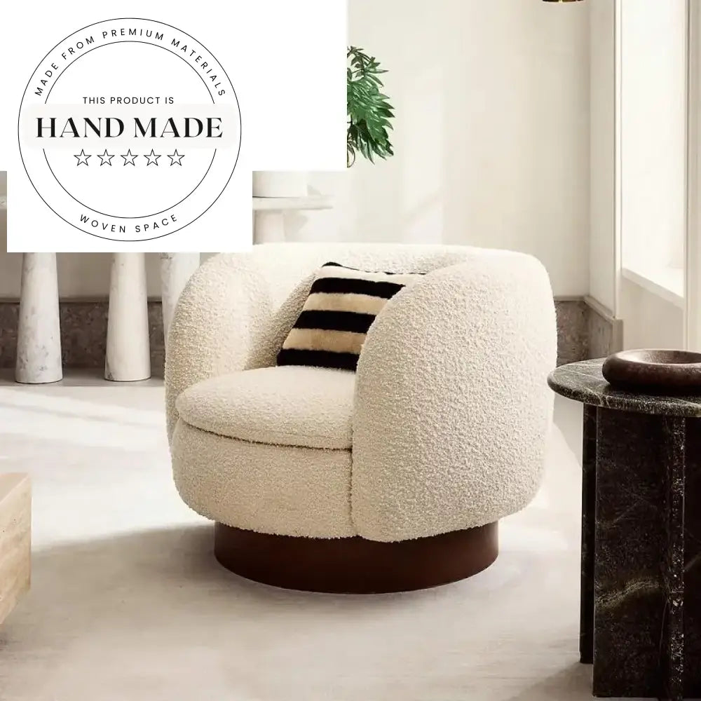 Modern White Boucle Fabric Swivel Accent Chair with Solid Wood Base