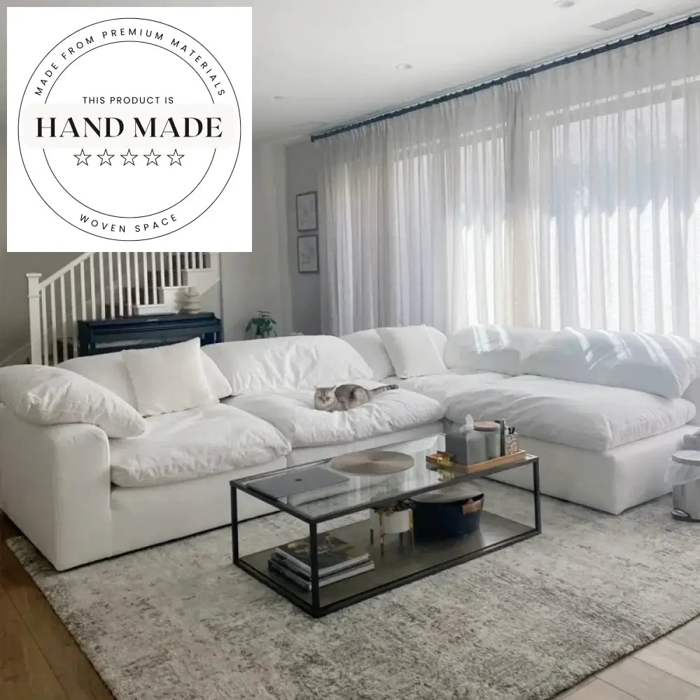 Modern White Flax Fabric Modular Sectional Down Filled Cloud Sofa