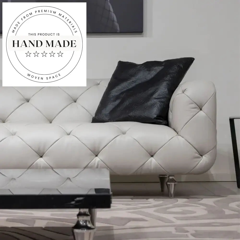 Modern White Genuine Leather Chesterfield 4-Seater Living Room Sofa